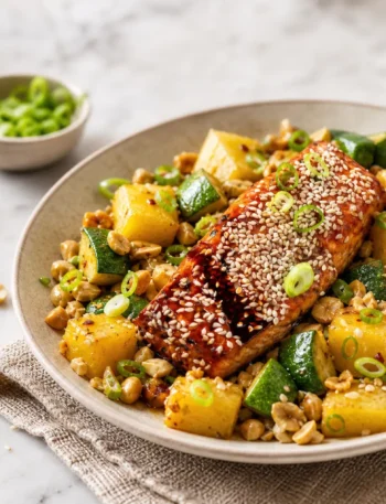 Insalata di tofu croccante con sesamo, ceci, zucchine, ananas e lime