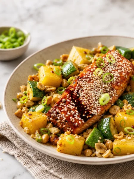 Insalata di tofu croccante con sesamo, ceci, zucchine, ananas e lime