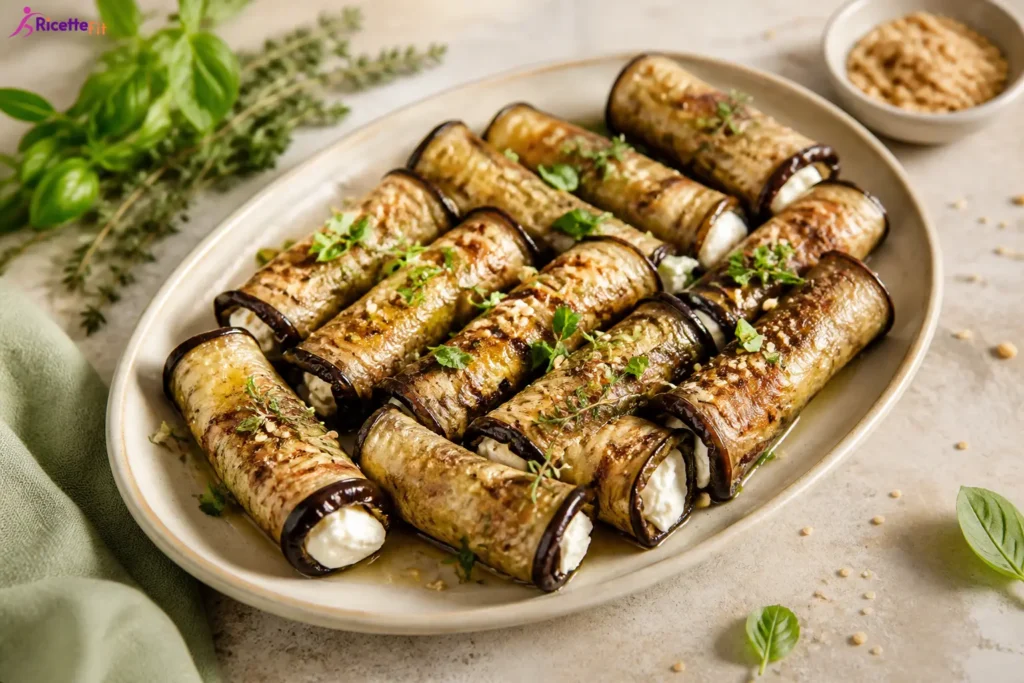 Involtini di melanzane grigliate con crema di ricotta, feta, basilico e pinoli