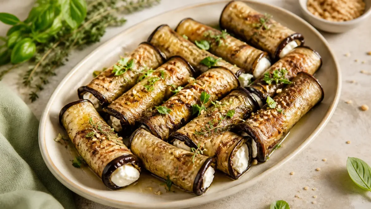Involtini di melanzane grigliate con crema di ricotta, feta, basilico e pinoli