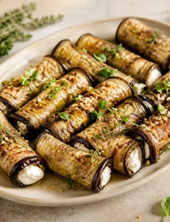 Involtini di melanzane grigliate con crema di ricotta, feta, basilico e pinoli
