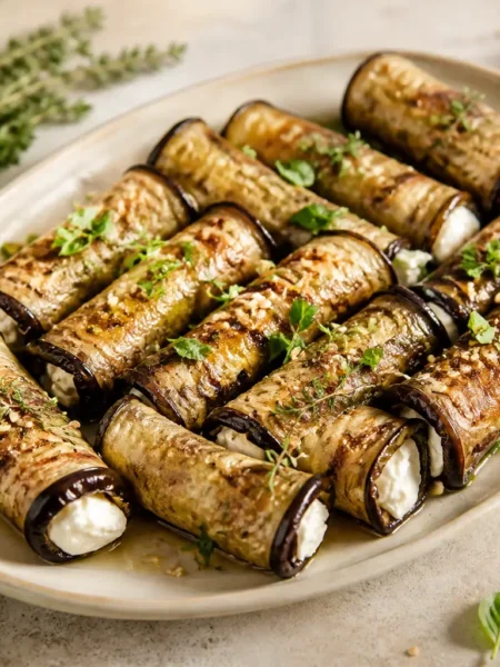 Involtini di melanzane grigliate con crema di ricotta, feta, basilico e pinoli