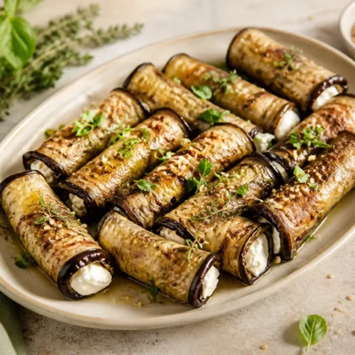 Involtini freddi di melanzane grigliate con crema di ricotta, feta, basilico e pinoli