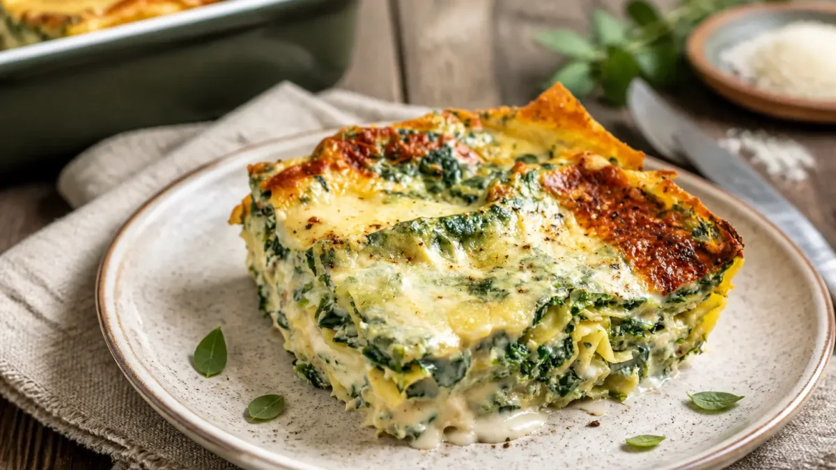 Lasagne light con spinaci e yogurt greco cremose e gratinate