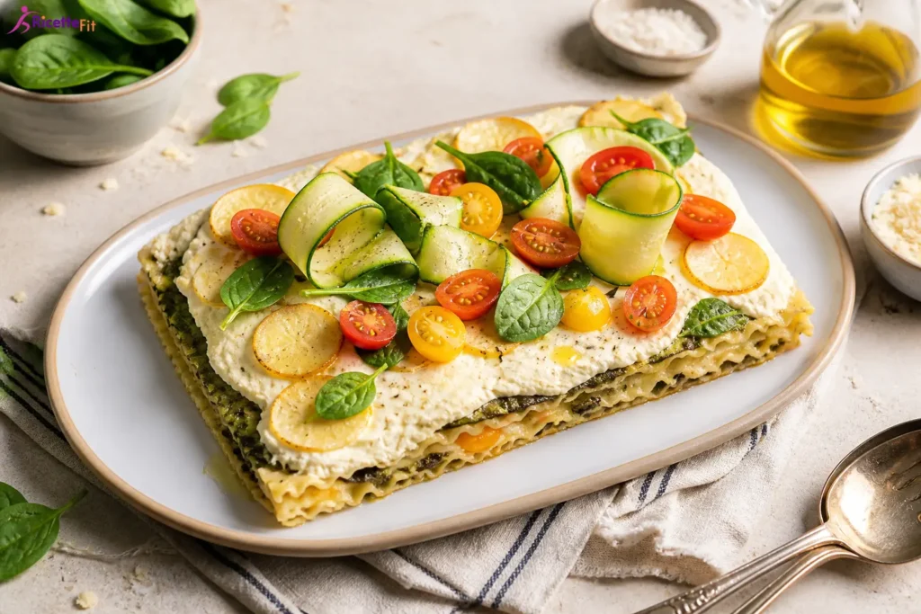 Lasagnette al limone fit con ricotta, zucchine, spinacini e pomodorini