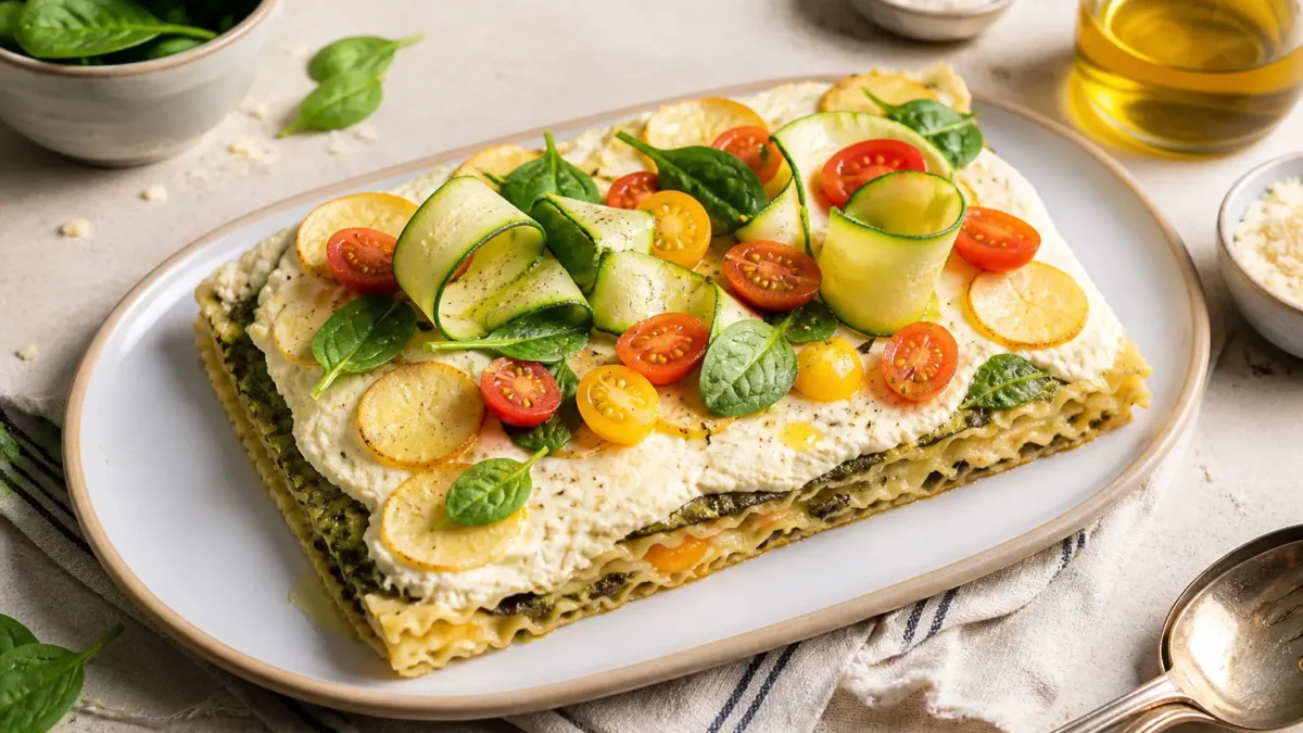Lasagnette al limone fit con ricotta, zucchine, spinacini e pomodorini