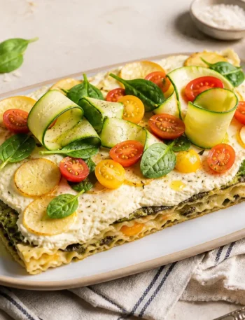 Lasagnette al limone fit con ricotta, zucchine, spinacini e pomodorini