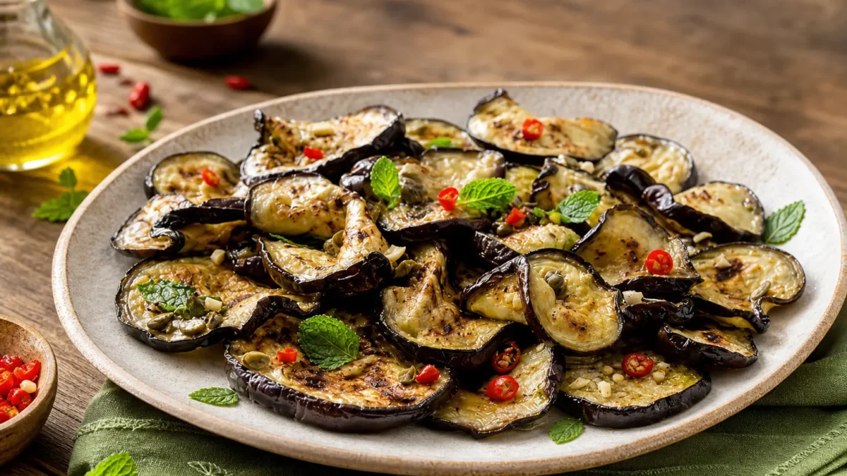 Melanzane marinate con capperi, peperoncino e menta