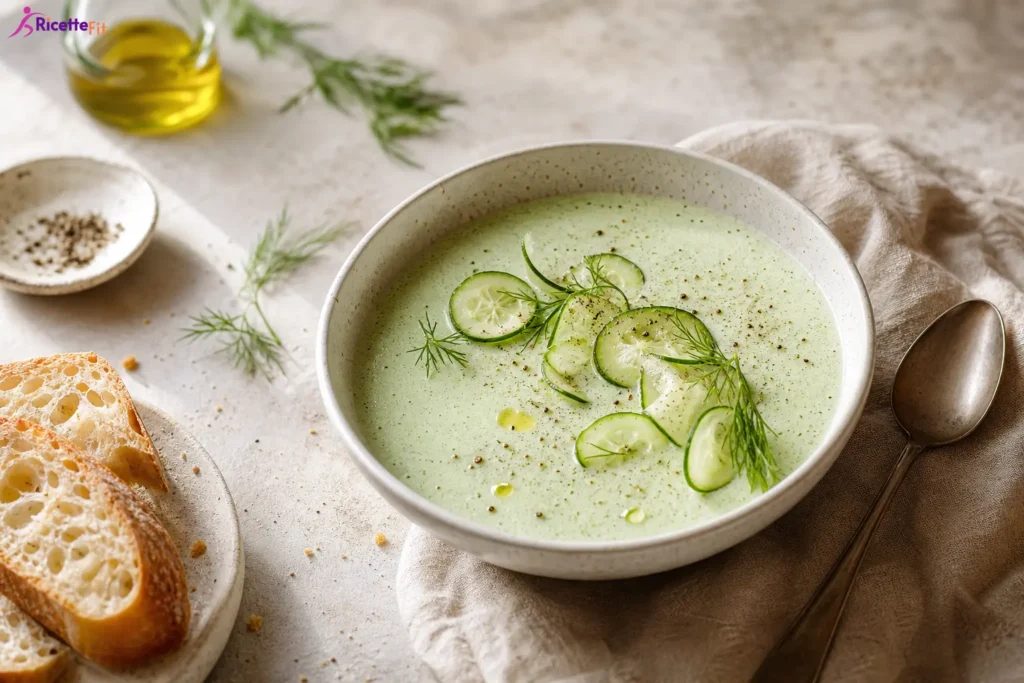 Minestra fredda di cetrioli con yogurt greco, aneto fresco e crostini integrali