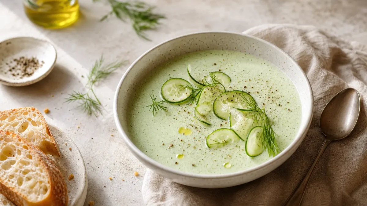 Minestra fredda di cetrioli con yogurt greco, aneto fresco e crostini integrali