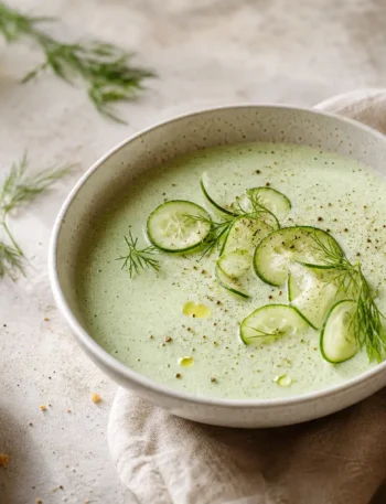 Minestra fredda di cetrioli con yogurt greco, aneto fresco e crostini integrali