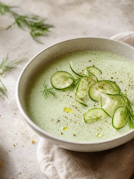 Minestra fredda di cetrioli con yogurt greco, aneto fresco e crostini integrali