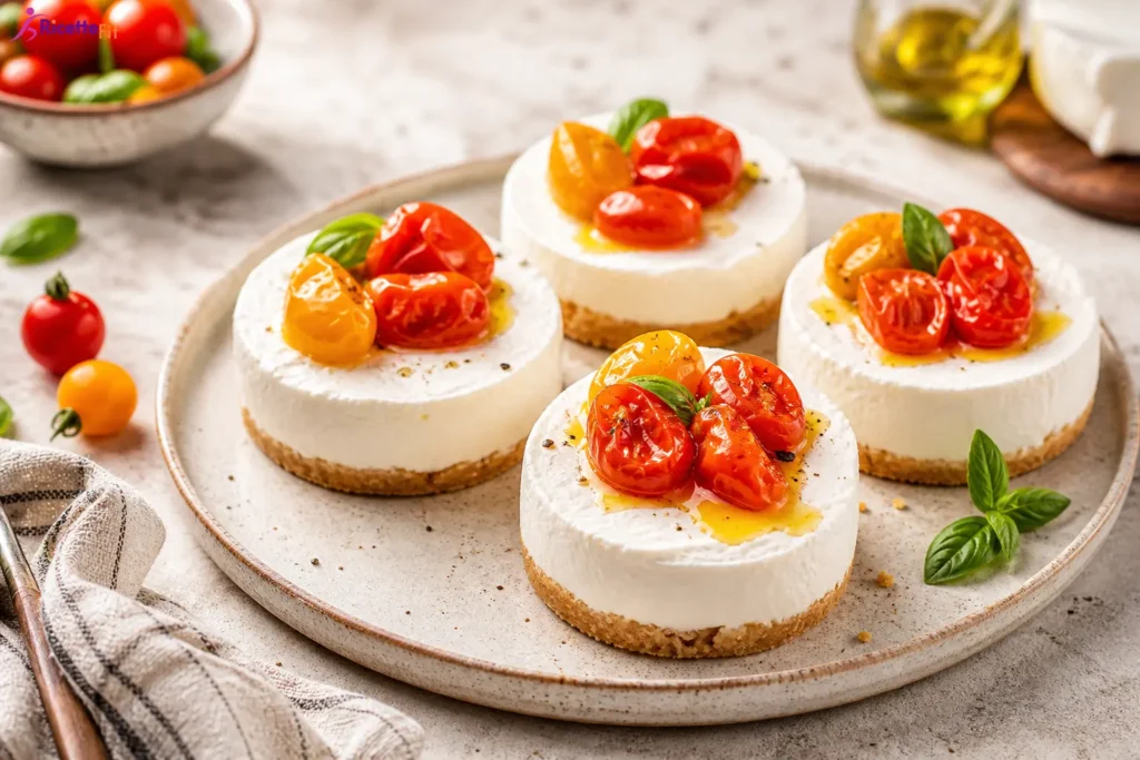 Mini cheesecake salate con pomodorini rossi e gialli e basilico fresco