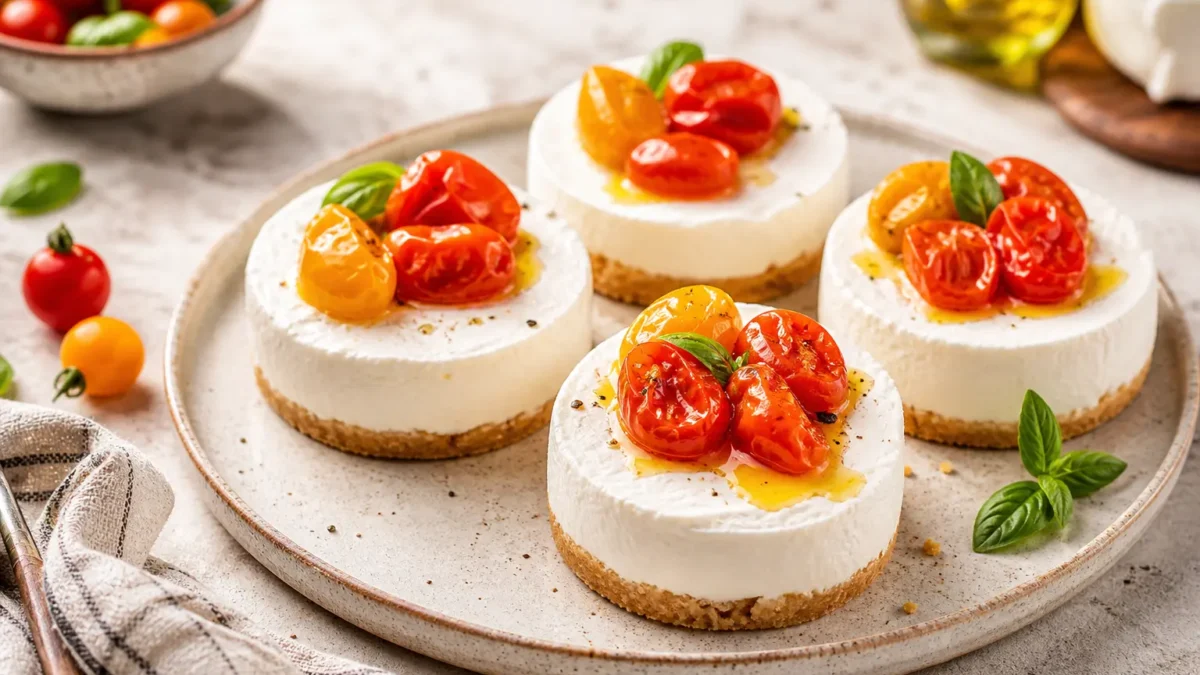Mini cheesecake salate con pomodorini rossi e gialli e basilico fresco