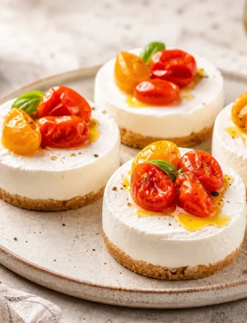 Mini cheesecake salate con pomodorini rossi e gialli e basilico fresco