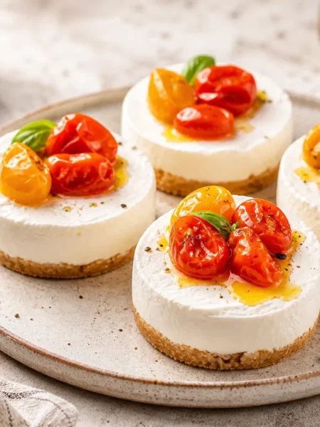 Mini cheesecake salate con pomodorini rossi e gialli e basilico fresco
