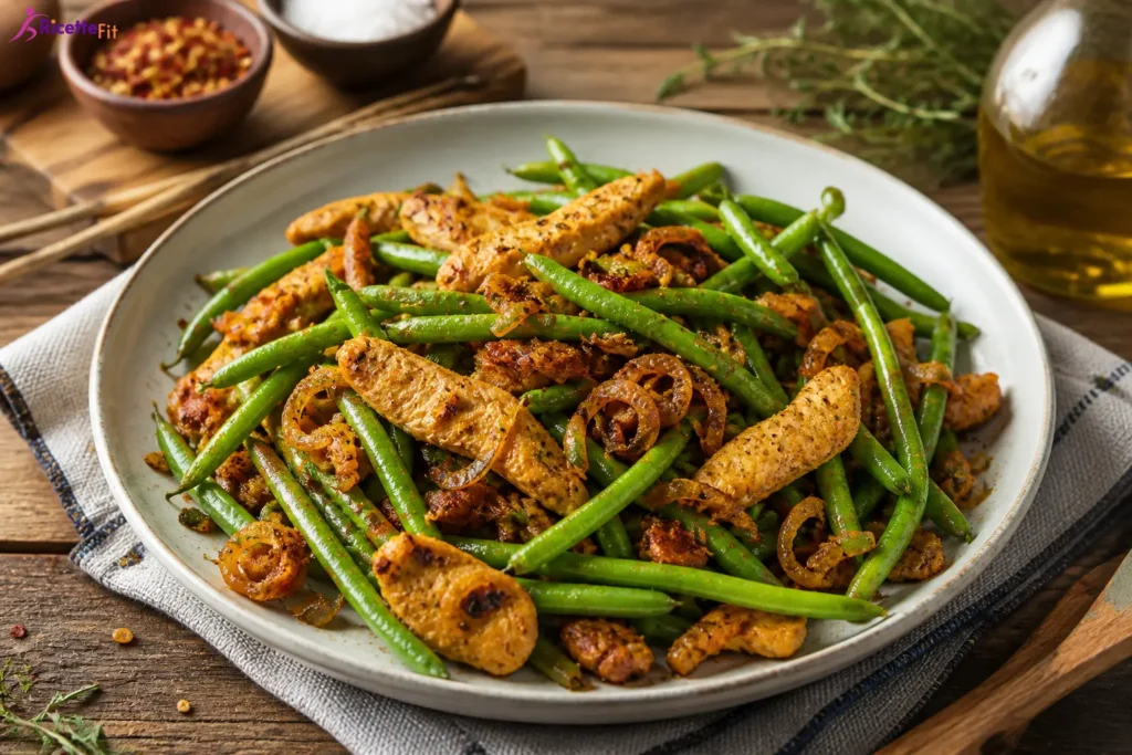 Padella di fagiolini e pancetta con pollo e cipolla