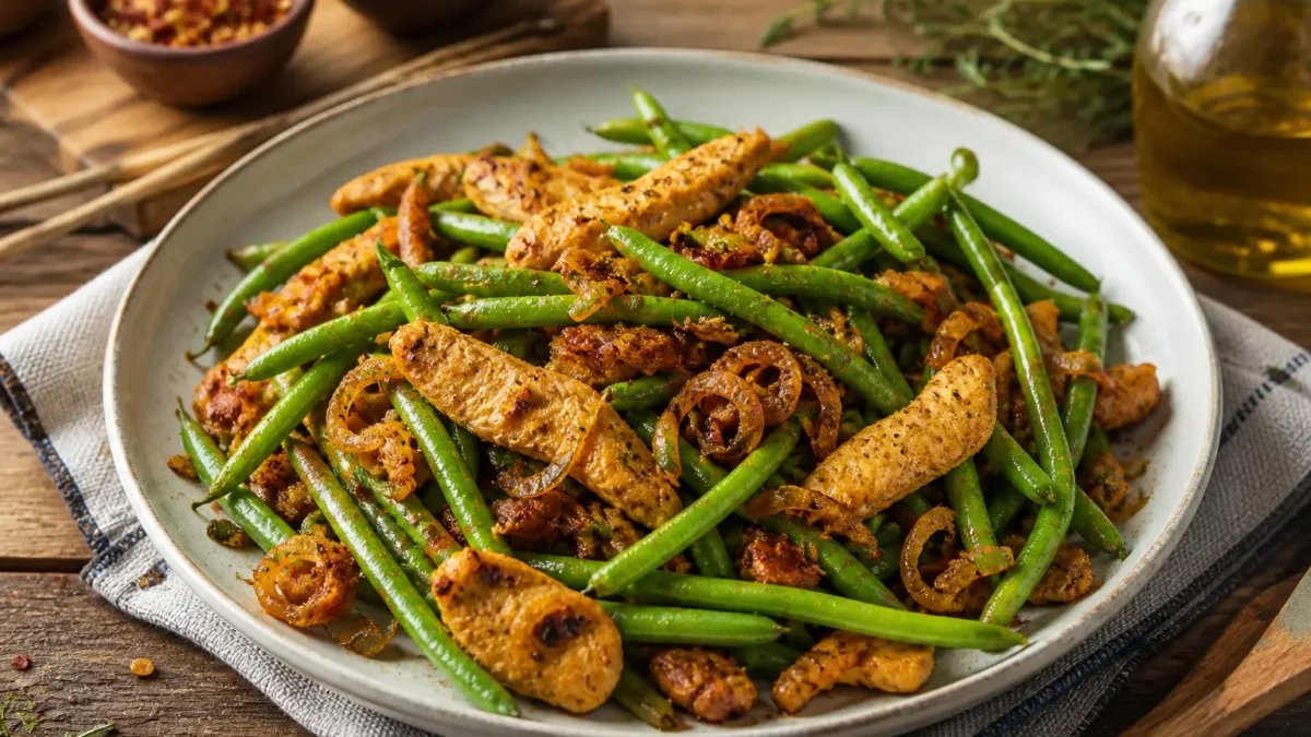 Padella di fagiolini e pancetta con pollo e cipolla