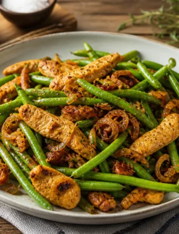 Padella di fagiolini e pancetta con pollo e cipolla