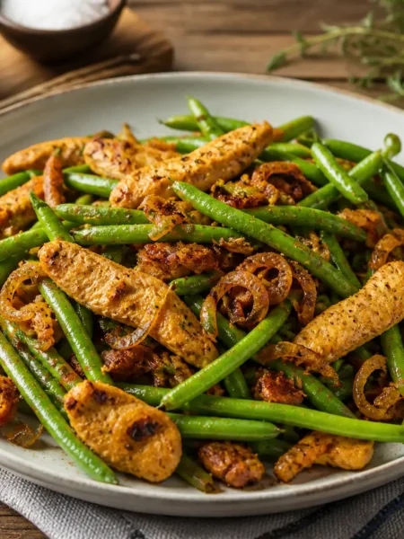Padella di fagiolini e pancetta con pollo e cipolla