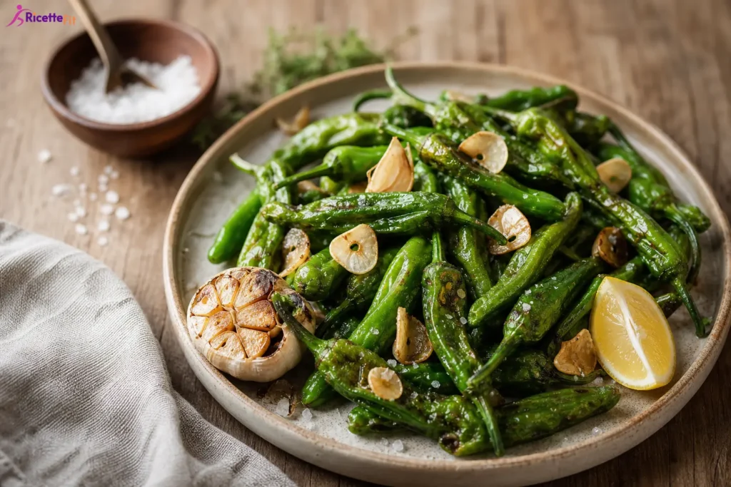 Pimientos de Padrón in padella con aglio dorato, limone e sale grosso