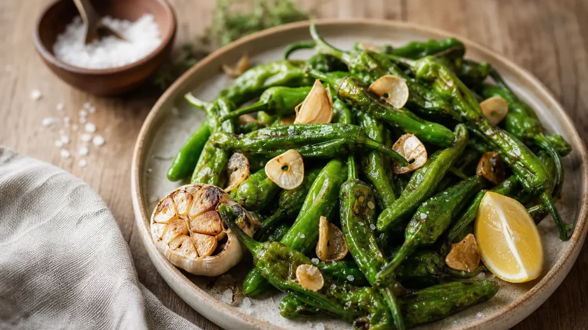 Pimientos de Padrón in padella con aglio dorato, limone e sale grosso