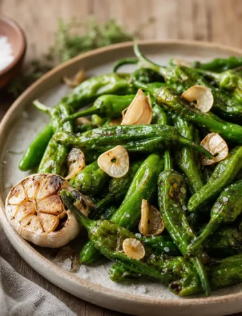 Pimientos de Padrón in padella con aglio dorato, limone e sale grosso