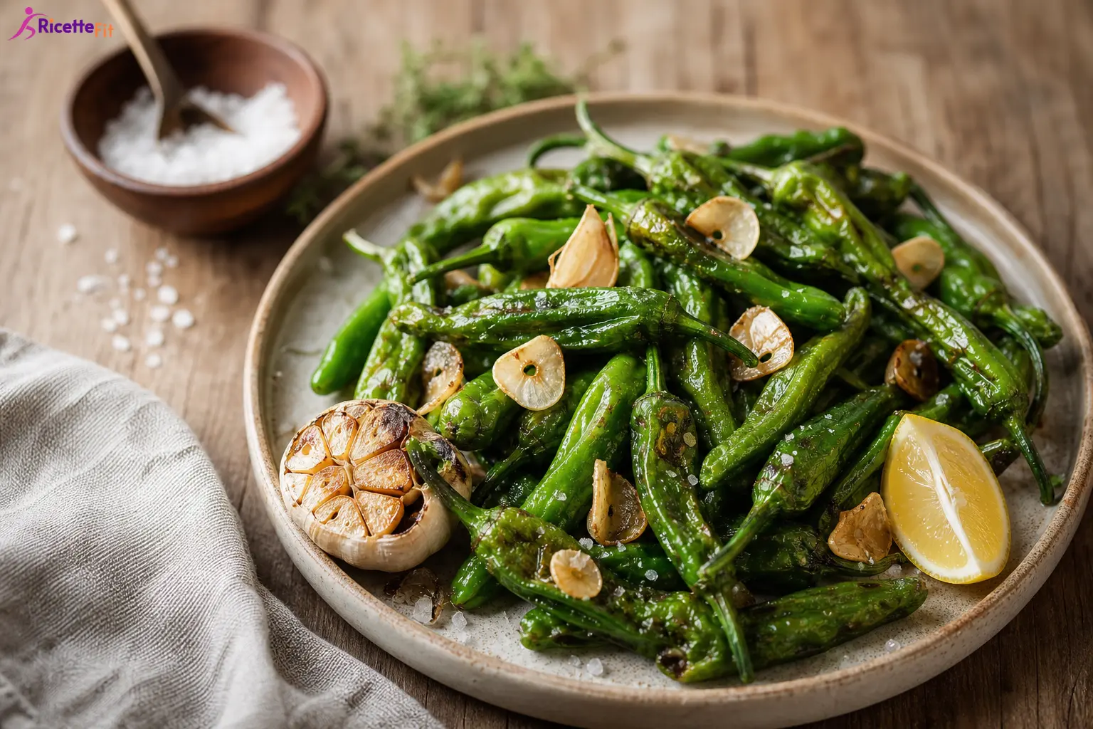 Pimientos de Padrón in padella con aglio dorato, limone e sale grosso