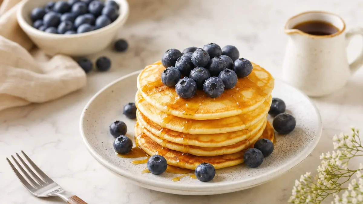Pancakes fit con mirtilli freschi e sciroppo d'acero