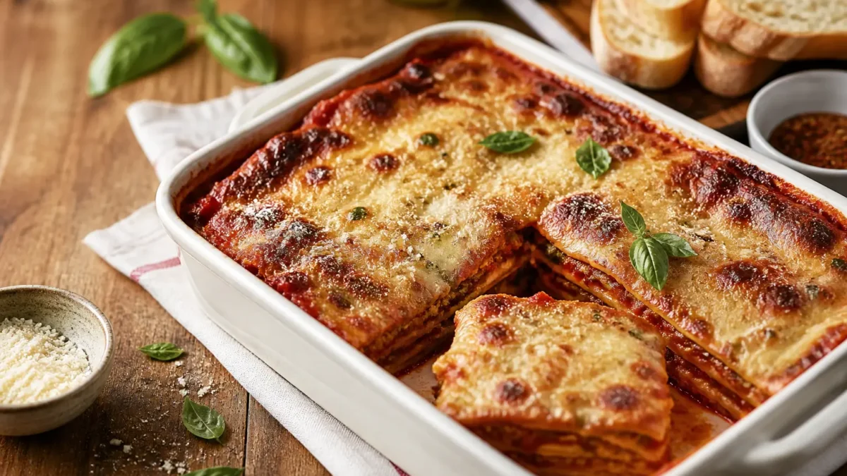 Parmigiana di melanzane fit al forno con superficie gratinata e basilico