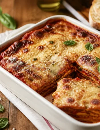 Parmigiana di melanzane fit al forno con superficie gratinata e basilico