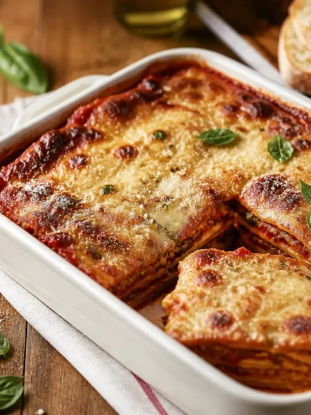 Parmigiana di melanzane fit al forno con superficie gratinata e basilico