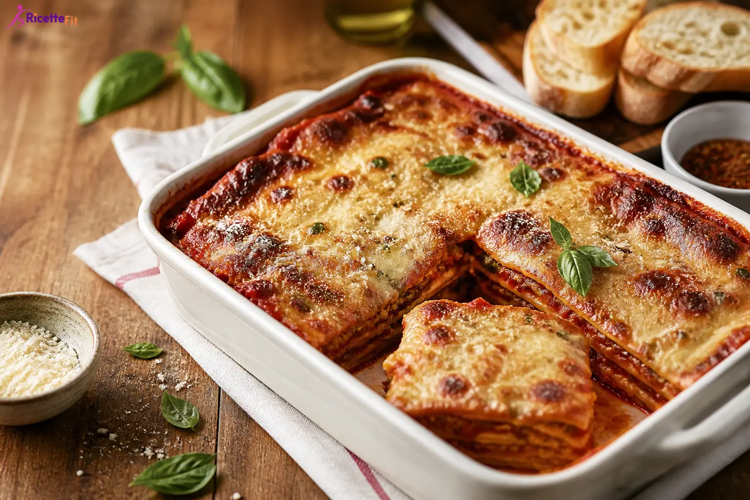 Parmigiana di melanzane fit al forno con superficie gratinata e basilico