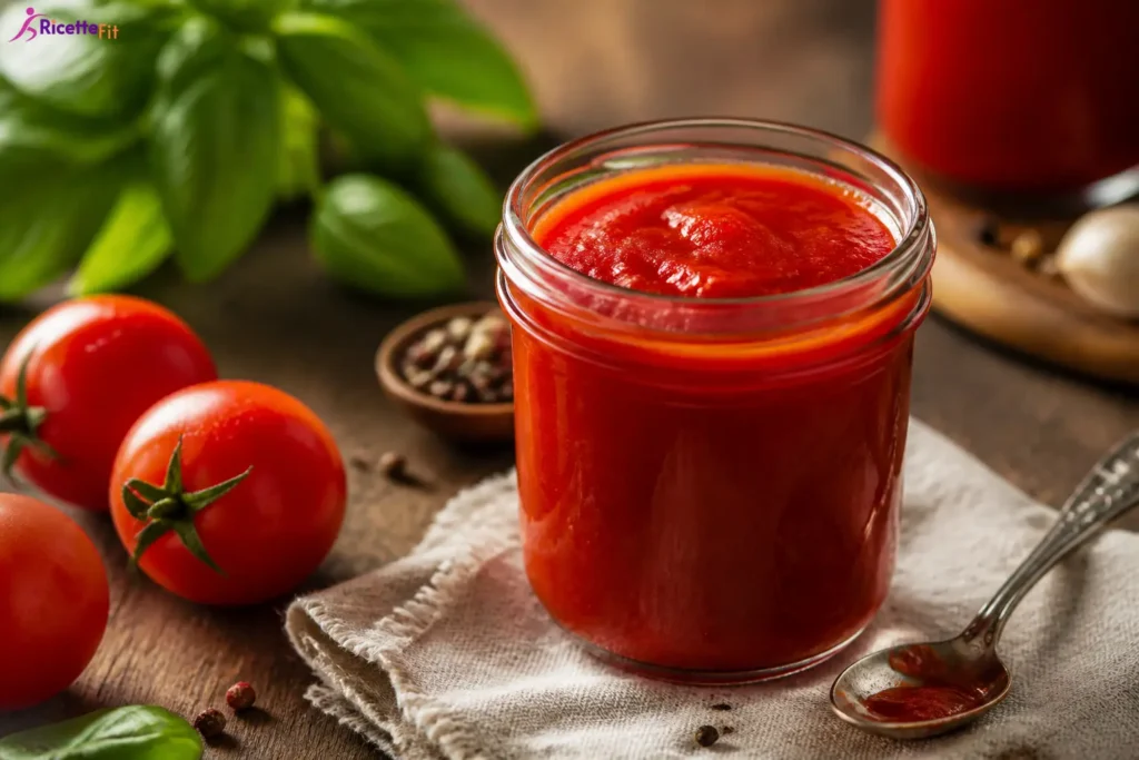 Passata di pomodoro fatta in casa in vasetto con basilico e pomodori freschi