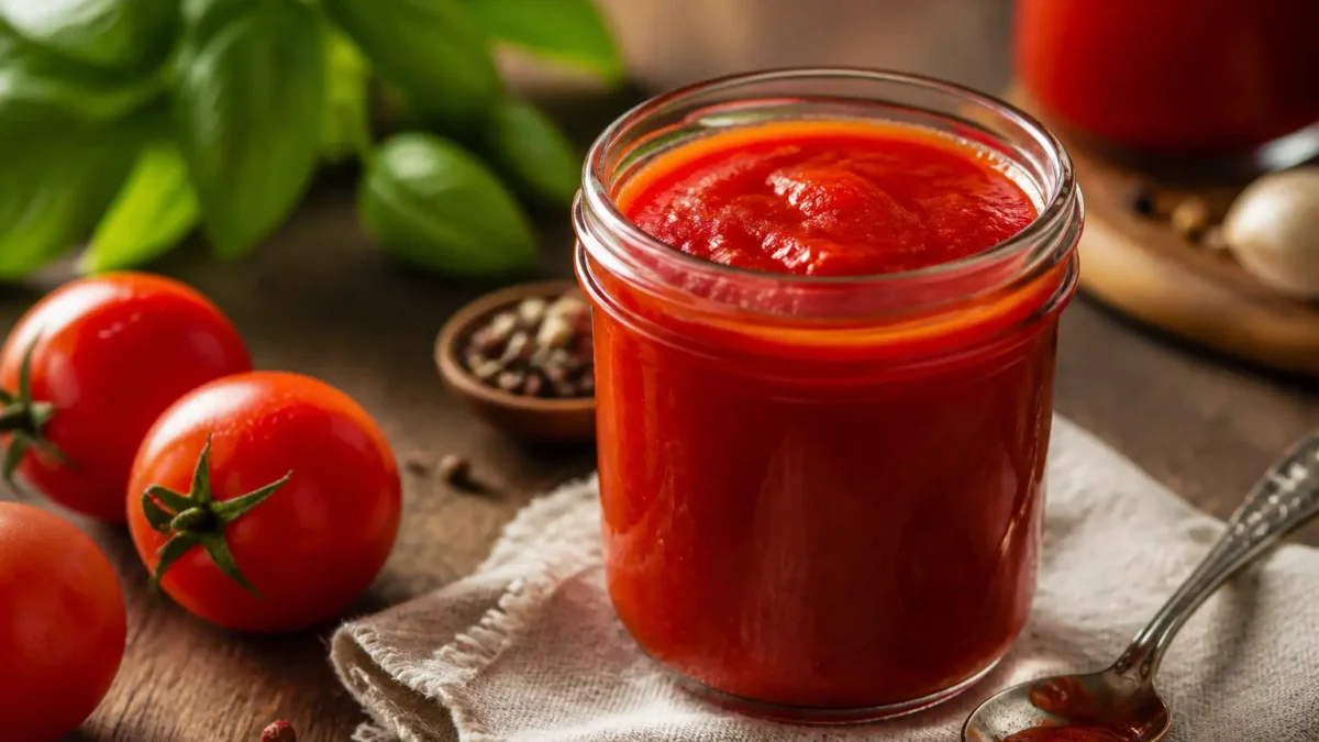 Passata di pomodoro fatta in casa in vasetto con basilico e pomodori freschi