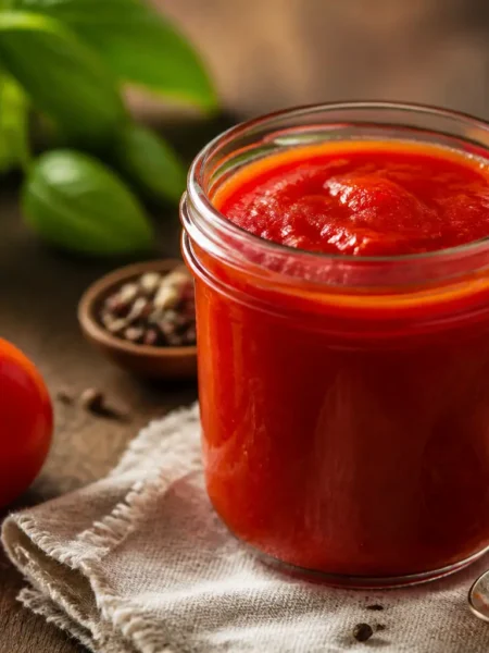 Passata di pomodoro fatta in casa in vasetto con basilico e pomodori freschi
