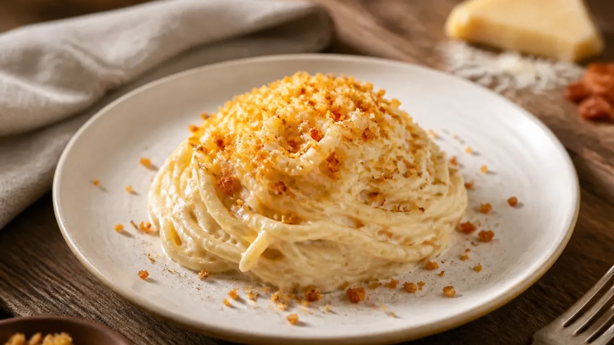 Spaghetti con crema di cavolfiore e limone e pangrattato croccante