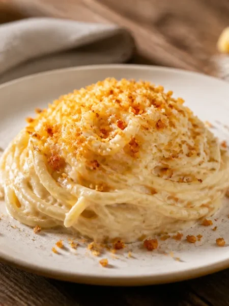Spaghetti con crema di cavolfiore e limone e pangrattato croccante