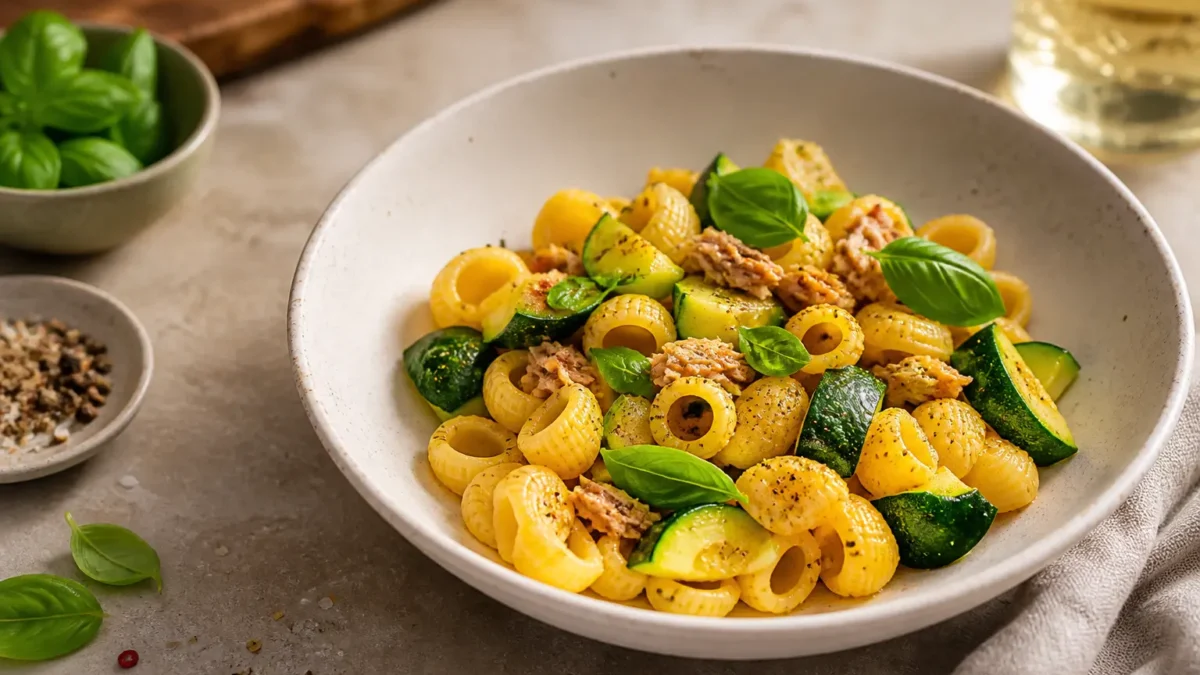 Pasta con tonno, zucchine, zafferano e basilico fresco