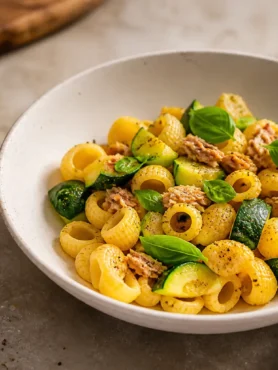 Pasta con tonno, zucchine, zafferano e basilico fresco