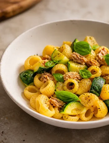 Pasta con tonno, zucchine, zafferano e basilico fresco
