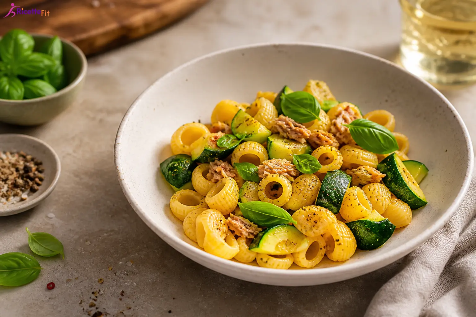 Pasta con tonno, zucchine, zafferano e basilico fresco
