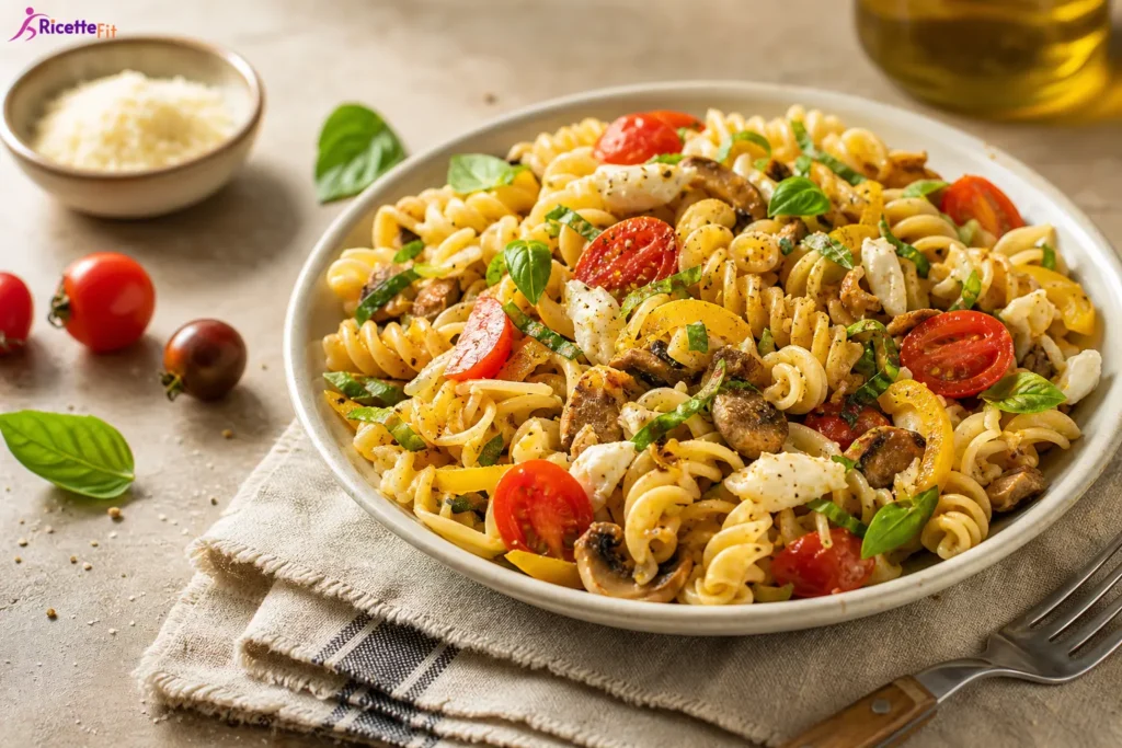 Pasta fredda fit con fusilli, pomodorini, mozzarella, peperone giallo, funghi e basilico