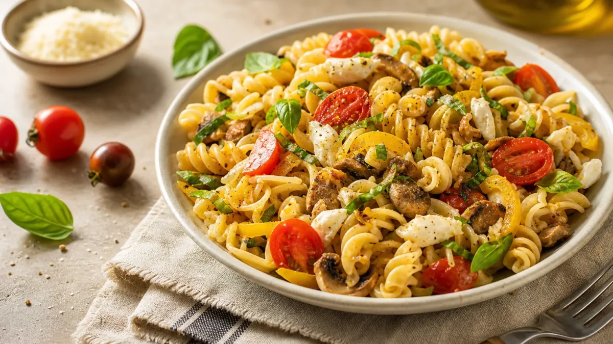 Pasta fredda fit con fusilli, pomodorini, mozzarella, peperone giallo, funghi e basilico