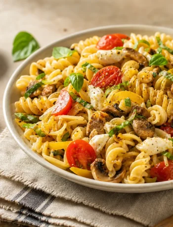 Pasta fredda fit con fusilli, pomodorini, mozzarella, peperone giallo, funghi e basilico
