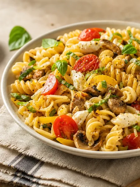 Pasta fredda fit con fusilli, pomodorini, mozzarella, peperone giallo, funghi e basilico