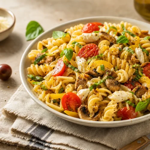 Pasta fredda estiva fit con pomodorini, mozzarella, peperone giallo, funghi e basilico