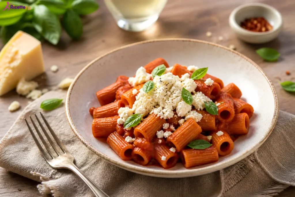 Pasta integrale con crema di peperoni, feta sbriciolata e basilico