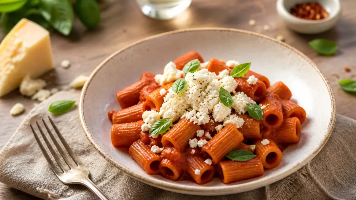Pasta integrale con crema di peperoni, feta sbriciolata e basilico