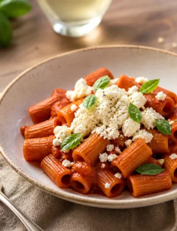 Pasta integrale con crema di peperoni, feta sbriciolata e basilico